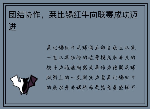 团结协作，莱比锡红牛向联赛成功迈进