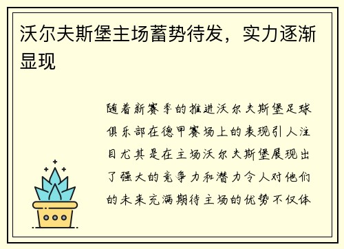沃尔夫斯堡主场蓄势待发，实力逐渐显现