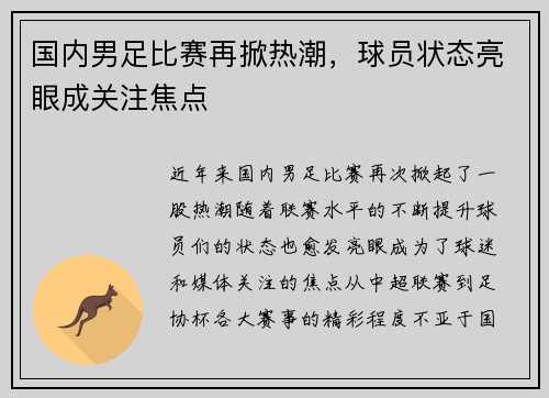 国内男足比赛再掀热潮，球员状态亮眼成关注焦点